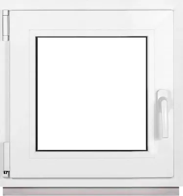 A white PVC window frame with a clear glass pane and a white handle on the right side.