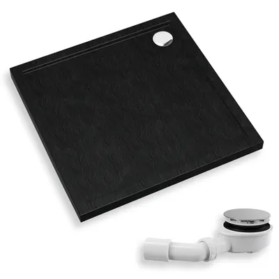 Produktbild von Duschwanne Quadratisch 80x80x4,5 Sanitäracryl Duschtasse Steinoptik Schwarz | Ablaufgarnitur ⌀90 im SET | Anti-Rutsch Duschbecken | BADLAND CASPAR NEW