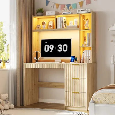 Schreibtisch mit LED, USB und 3 Schubladen, 100x55x168 cm