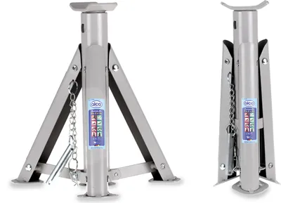 Produktbild von alca® Unterstellbock 2t klappbar I Auto Stützbock Set (2 Stück), faltbar, 3-fach höhenverstellbar mit Sicherheitsstift, Gewicht 1,6kg je Bock, Höhe 260–360 mm, aus Stahl, silber-grau