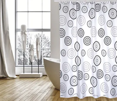Immagine prodotto di Cotexsa by MSV Premium Tenda da doccia antimuffa - Antibatterica, lavabile, 100% impermeabile, con 12 anelli per tenda da doccia - Poliestere, "Dots" Nero/Bianco 180x200cm - Prodotto in Spagna