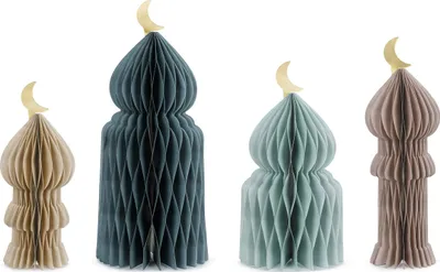 Produktbild von Papierwaben Deko Moschee mit Halbmond 22-33cm Wabenfiguren 4er Set
