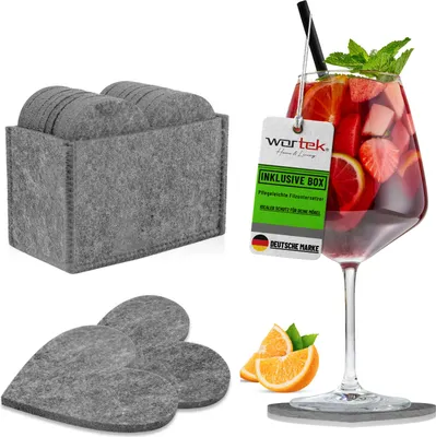 Produktbild von wortek Filz Untersetzer - Deko Tischset + Aufbewahrungsbox I für Gläser & Tisch, 10er Set I 10cm I Herz, Grau