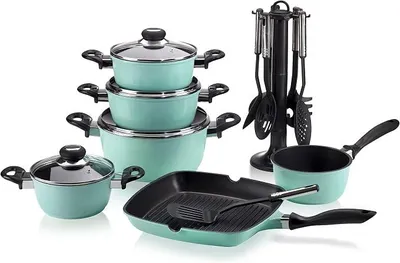 Imagen del producto de Conjunto de ollas Krüger Aluguss, color menta, 17 piezas | Incluye ollas, sartén para barbacoa y accesorios