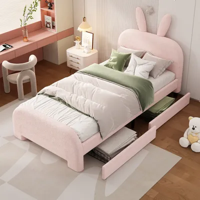 Produktbild von MODFU Kinderbett Polsterbett 90×200 cm mit Lattenrost und zwei Schubladen, Jugendbett Einzelbett mit Kopfteil in Kaninchenform(Ohne Matratze), Plushstoff Rosa