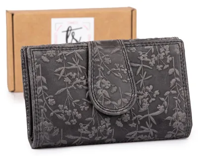 Produktbild von Ekavale Damen Geldbörse Portemonnaie Echt Leder groß Blumenmuster Schwarz