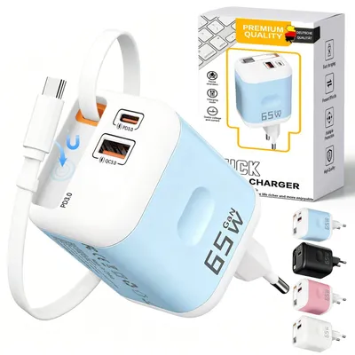 Produktbild von 2026 NEW 65W GaN 3 in 1 USB C Ladegerät mit Einziehbarem Kabel USB-Ladegerät,PD3.0 Power Adapter,Unterstützt Super Fast Charging bei Einzelportnutzung