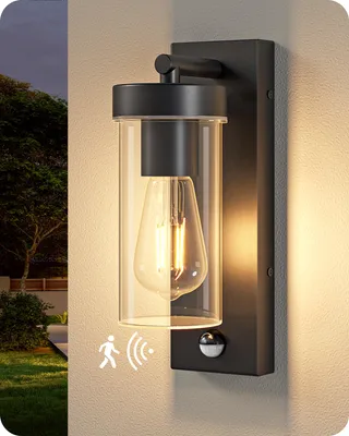 Zdjęcie produktu dla Kinkiet zewnętrzny EDISHINE z czujnikiem ruchu, aluminium, nowoczesna lampa ścienna E27 z czujnikiem zmierzchu, do drzwi wejściowych, tarasu, garażu, kolor czarny