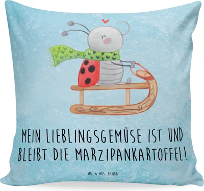 Produktbild von Mr. & Mrs. Panda Sofakissen Smörle Rodeln - Eisblau - Geschenk, Marzipan, kissen bedruckt, kuschelkissen 40x40, Weihnachten, couch, Schlittenfahren, Dekokissen, Winter