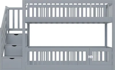 Produktbild von Merax Etagenbett 90x200 mit Sicherheitstreppe, Kinderbett aus Massivholz mit Schubladen, Stauraumbett mit Spielbereich unten, für Kinder, Jugend, Grau