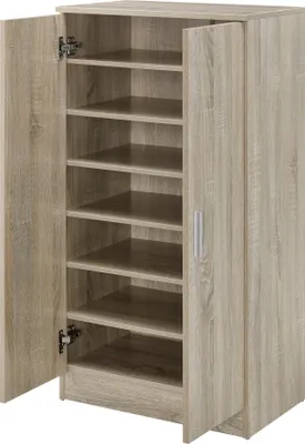 A tall, narrow shoe cabinet with two doors, one open, revealing multiple shelves.