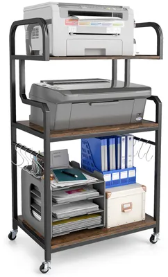 Zdjęcie produktu dla Stołek pod drukarkę COSTWAY na kółkach, 3-poziomowy stojak na drukarkę z otwartymi półkami i 10 haczykami, mobilna szafka na drukarkę z drewna, wózek pod drukarkę, brązowy
