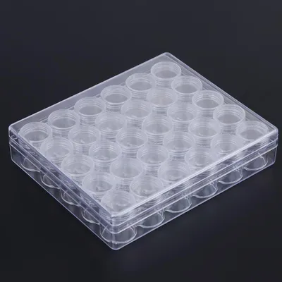 Zdjęcie produktu dla 30 szt. przezroczystych plastikowych pojemników do przechowywania koralików jubilerskich – małe okrągłe słoiczki w prostokątnym pudełku