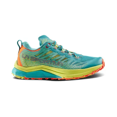 Trailrunning-Schuh "Jackal II Woman" von La Sportiva in Türkis und Gelb mit rutschfester Sohle.