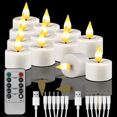 Produktbild von 12 Stück Wiederaufladbar LED Teelichter mit fernbedienung, Flammenlose LED Kerzen mit Timer, USB Elektrische Aufladbare Kerzen für Hochzeiten Partys