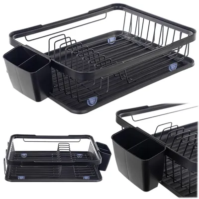 Produktbild von KADAX Geschirrabtropfgestell 33 x 43 x 12 cm, Abtropfgestell für Geschirr, Abtropfständer, Geschirrablage mit Abtropfschale & Besteckhalter, Abtropfgitter (Schwarz)