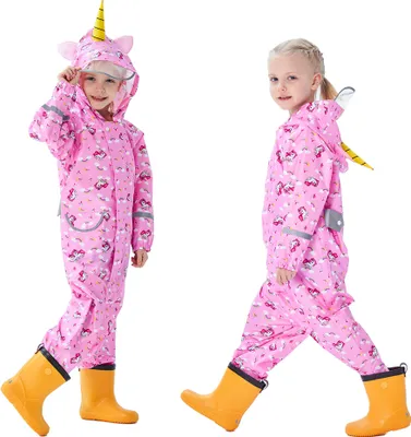 Produktbild von Regenmantel Atmungsaktiv Wasserdicht Kinder Mädchen Jungen mit Kapuze Leicht Regenanzug Einteiliger Outdoor Regenponcho Overall Regenjacke 90-110cm