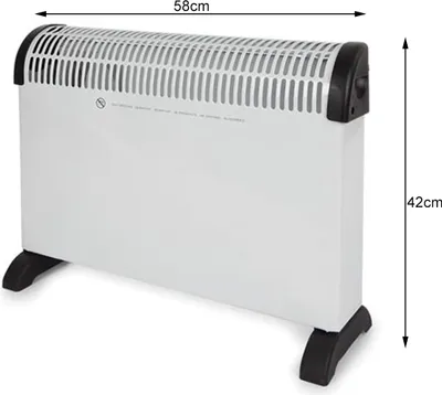 A white electric convector heater with black feet and accents, shown from a slight angle.