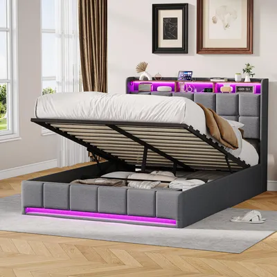 Zdjęcie produktu dla Łóżko tapicerowane ProximaX 140 x 190 cm, szary materiał lniany, pneumatyczne łóżko z miejscem do przechowywania, oświetleniem LED i stacją ładującą USB/Type-C