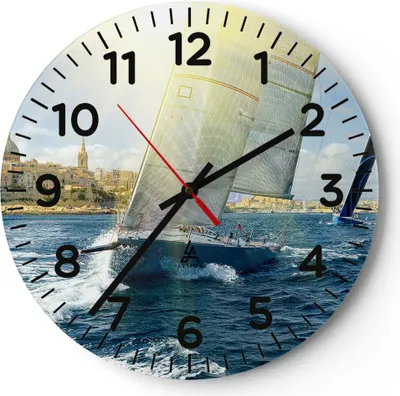 Produktbild von Wanduhr - Rund - Glasuhr - Yacht Meer Welle - 30x30cm - Schleichendes Uhrwerk - Lautlos - zum Aufhängen bereit - Dekoration Modern - Wanddekoration aus Glas - C4AR30x30-4038