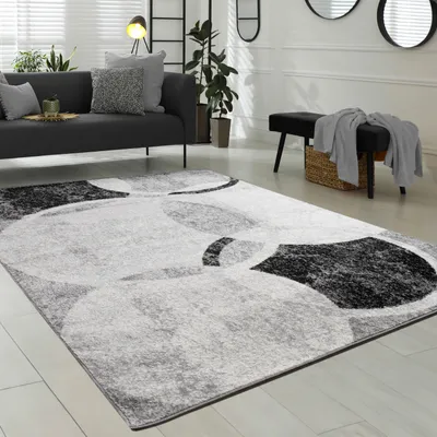 Produktbild von Designer Teppich Wohnzimmer Teppich Kreis Muster in Grau Creme Preishammer Grösse 60x100 cm