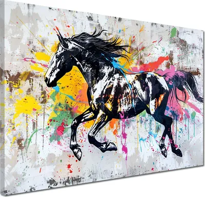 Produktbild von Modern rennendes Pferd Colour Wandbild Leinwandbild Kunstdruck XL Wanddeko: 120x80x4cm