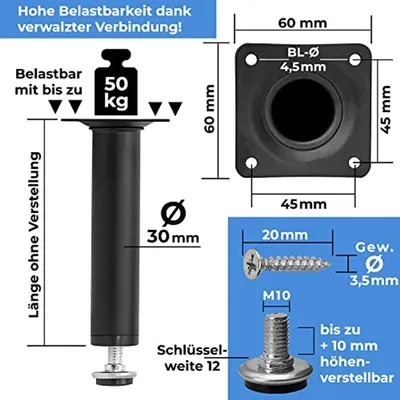 Verstellbare Möbelbeine 30mm rund schwarz - Höhe 18 cm