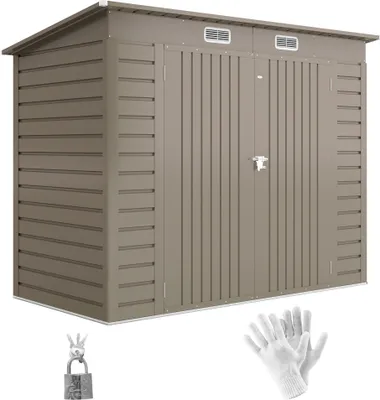 A brown metal shed with double doors, ventilation grilles, and a lock. A padlock and keys, and a pair of white gloves are placed in the foreground.
