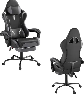 Two views of a black and gray gaming chair with a white accent.
