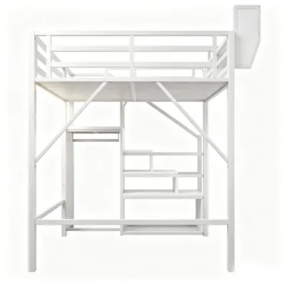 Produktbild von Flieks Etagenbett 140x200cm mit Led, Kinderbett Doppelbett mit Kleiderstange und Ablagen, Hochbett Jugendbett mit Lagerregal und Treppe, Weiß