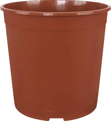 A plain, studio shot of a terracotta-colored plant pot.