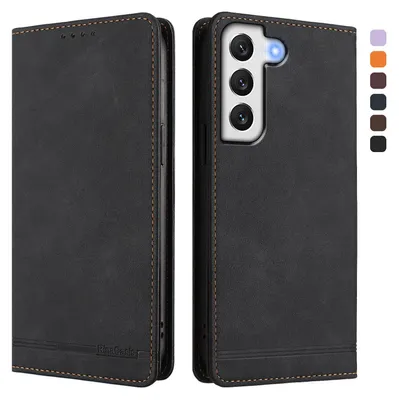 Image de Etui pour Samsung Galaxy S22+ 5G, étui rétro en cuirPolyuréthaneavec support et fentes pour cartes de crédit Noir