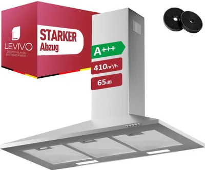 A product shot of a kitchen range hood with marketing graphics and accessories.
