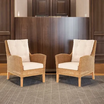 Produktbild von KRINES HOME Set/2 Eleganter Rattansessel inkl. Polster, Wohnzimmersessel aus echtem Rattan (Honig Dunkel)