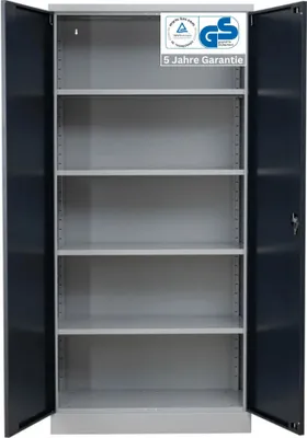 Produktbild von Stahlschrank BEE mit 9 verzinkten Fachböden | HxBxT 195x92x42cm | Korpusfarbe Lichtgrau, Frontfarbe Anthrazit | Werkstattschrank Werkzeugschrank Aktenschrank Universalschrank