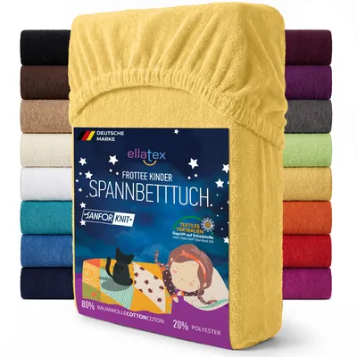 Produktbild von EllaTex Frottee Spannbettlaken 70x140 Baumwolle – weich, warm & saugstark, Spannbetttuch für Kinderbett, in Farbe: Gelb