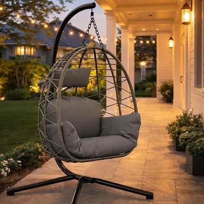 Imagen del producto de Silla colgante en forma de huevo con base, mecedora para interiores y exteriores, silla colgante de ratán para el jardín con cojín, capacidad de carga de 150 kg, ideal para balcón, patio y jardín (gris)