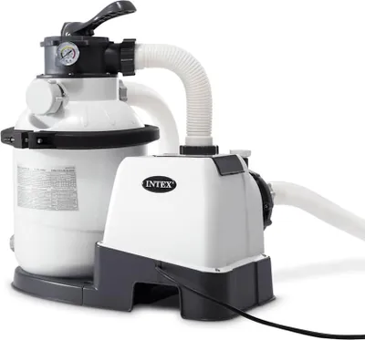 A white and gray sand filter pump for a swimming pool, shown against a white background.