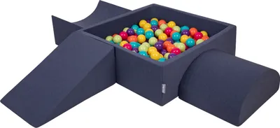 Produktbild von KiddyMoon spielplatz aus schaumstoff mit quadrat bällebad (200 bälle) ballgruben für babys spielbad hindernisläufen, hergestellt in der eu, dunkelblau:helgrün/gelb/türkis/orange/dpink/violet