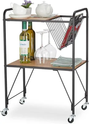 Immagine prodotto di Carrello portaoggetti a due ripiani con finitura effetto legno e metallo, 57x50x33 cm, carrello da cucina, naturale/nero.