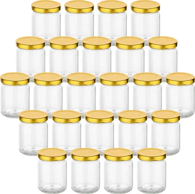 Produktbild von gouveo 24er Set Einmachgläser 100 ml rund mit Schraubdeckel goldfarben - Kleine Vorratsgläser mit Schraubverschluss - Schraubgläser zum Einkochen und Aufbewahren