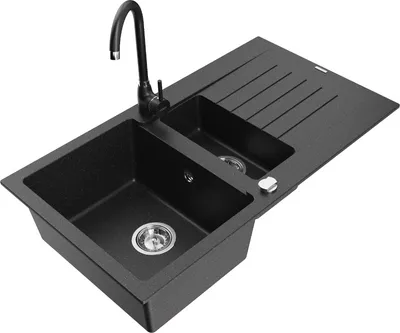 Produktbild von Mexen Matias 1,5-Becken-Granitspüle mit Abtropffläche und Mischbatterie Telma, Schwarz/Silber - 6502-73-670200-70