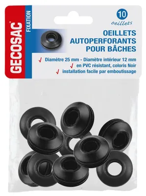 Produktbild von Packung mit 10 selbststanzenden Ösen für Planen, selbstsichernd.
