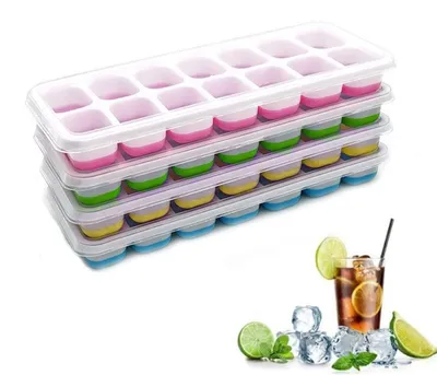 Eiswürfelbehälter 4er-Set, 56 Stück, Silikon, mit Deckel, stapelbar