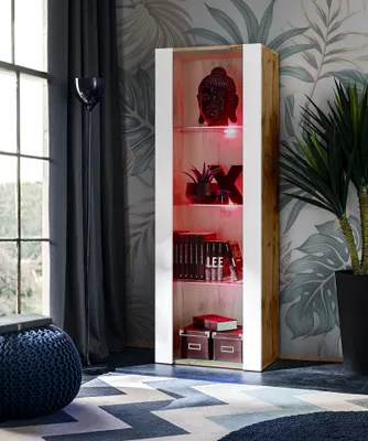 Produktbild von Komodee | Vitrine Schrank Tivoli mit 3 Regalböden, Korpus Wotan Matt Frontfarbe Weiß Matt, LED RGB