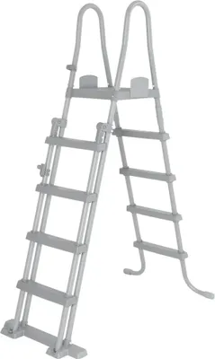 A gray plastic pool ladder with four steps is shown against a white background.