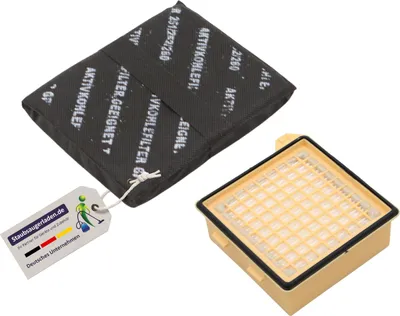 A black activated carbon filter and a beige HEPA filter are shown on a white background.