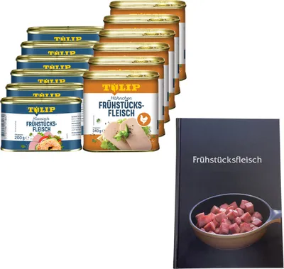 Produktbild von TULIP Frühstücksfleisch 6x Schwein 200g + 6x Hähnchen 340g Delikatesse +Kochbuch
