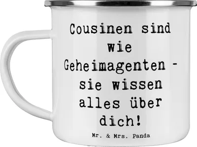 Produktbild von Mr. & Mrs. Panda Haferl Spruch Cousinen Geheimagenten - Weiß - Geschenk, Verwandtschaft, Wissen, Cousine, Outdoor Becher, Emaille Tasse, Pott, persönliche Erinnerungen