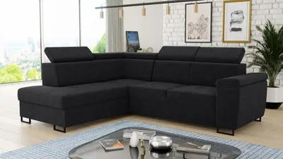 Produktbild von Ecksofa Natan mit Schlaffunktion und einstellbare Kopfstützen - Wohnlandschaft mit Metallfüßen, Couchgarnitur, Bettkasten, Sofa (Ecksofa Links, Schwarz (Kronos 07))